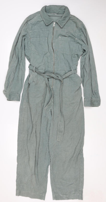 Oliver Bonas Women Green UK 14 Corduroy Belted Zip Jumpsuit
