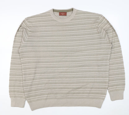 Marks & Spencer Men Beige L Striped Italian Yarn Cotton Pullover Jumper