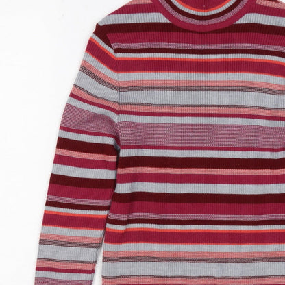 Damart Women Red Striped High Neck Wool Blend Knit Jumper UK 14