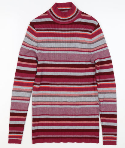 Damart Women Red Striped High Neck Wool Blend Knit Jumper UK 14