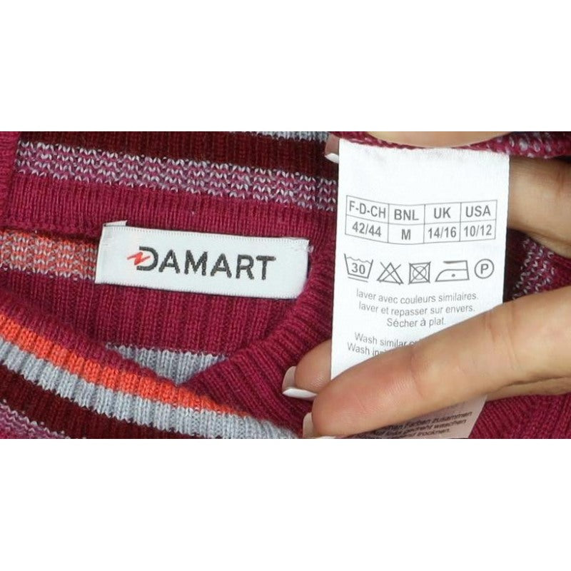 Damart Women Red Striped High Neck Wool Blend Knit Jumper UK 14