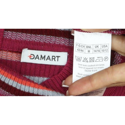 Damart Women Red Striped High Neck Wool Blend Knit Jumper UK 14