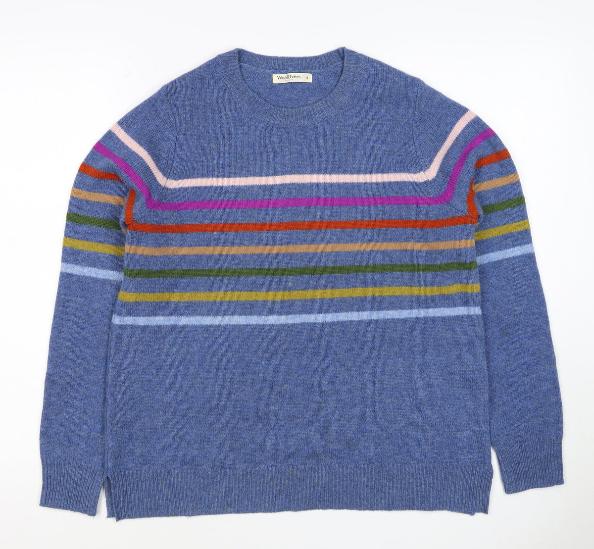 WoolOvers Women’s Blue S Lambswool Striped Crew Neck Pullover Jumper