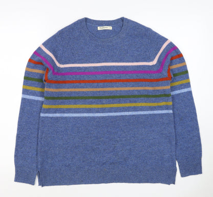 WoolOvers Women’s Blue S Lambswool Striped Crew Neck Pullover Jumper