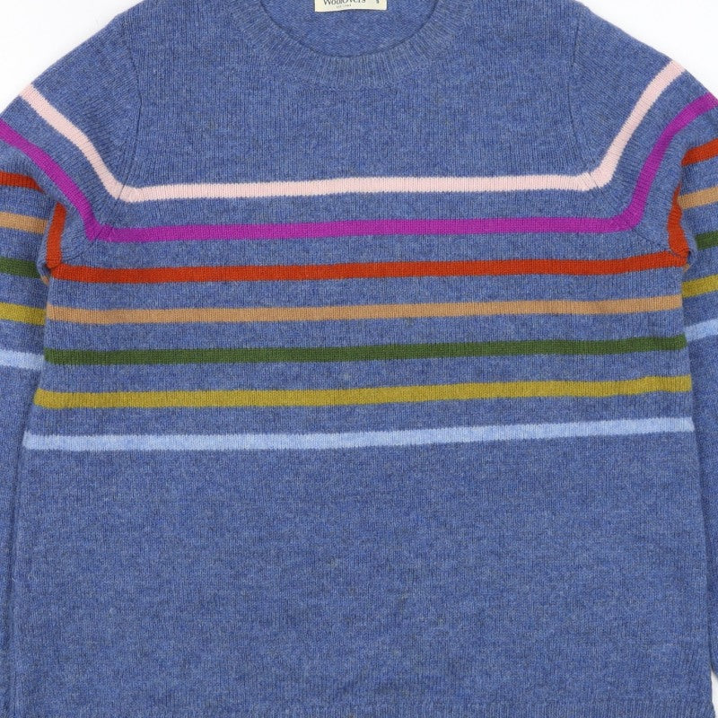 WoolOvers Women’s Blue S Lambswool Striped Crew Neck Pullover Jumper