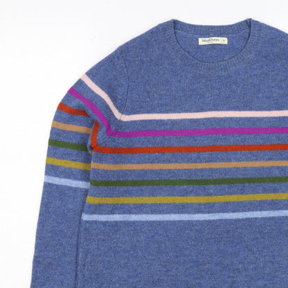 WoolOvers Women’s Blue S Lambswool Striped Crew Neck Pullover Jumper