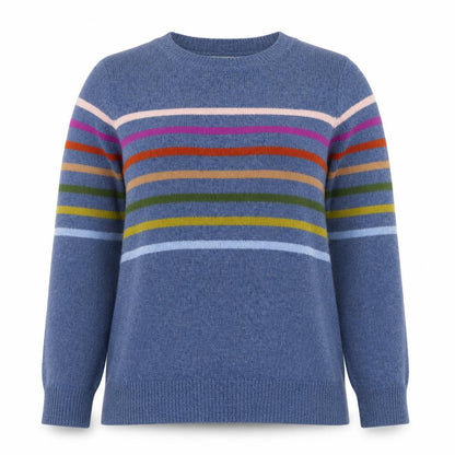 WoolOvers Women’s Blue S Lambswool Striped Crew Neck Pullover Jumper