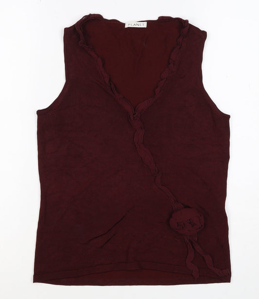 Planet Women Burgundy Size S Sleeveless V-Neck Ruffle Knit Top