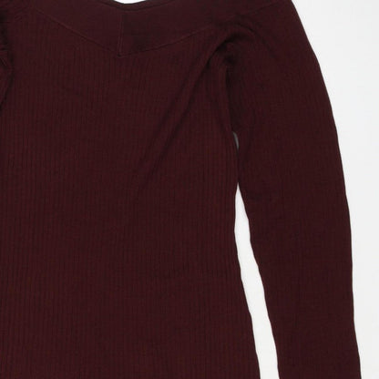 Bershka Women Burgundy M Off Shoulder Ribbed Knit Midi Bodycon Dress
