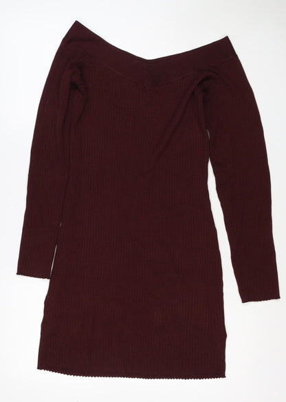Bershka Women Burgundy M Off Shoulder Ribbed Knit Midi Bodycon Dress