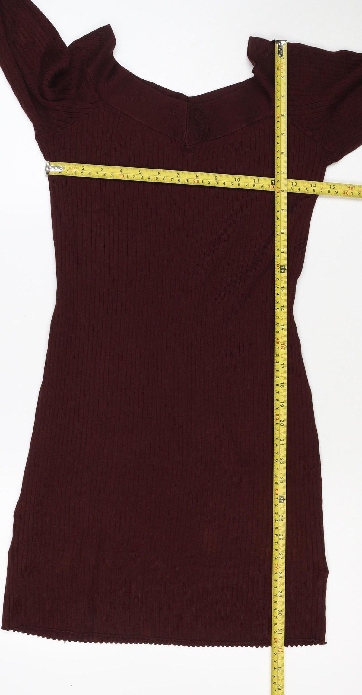 Bershka Women Burgundy M Off Shoulder Ribbed Knit Midi Bodycon Dress