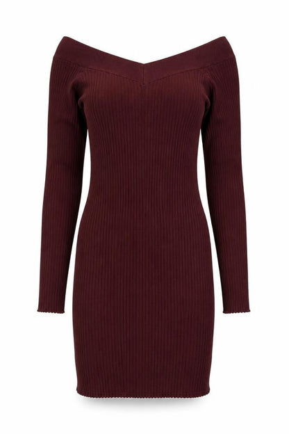 Bershka Women Burgundy M Off Shoulder Ribbed Knit Midi Bodycon Dress