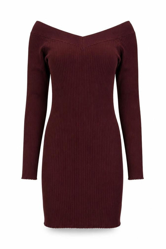 Bershka Women Burgundy M Off Shoulder Ribbed Knit Midi Bodycon Dress