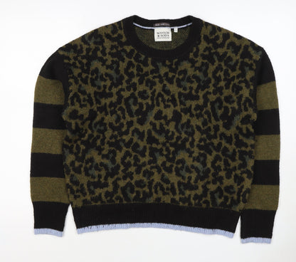 Scotch & Soda Women Green Leopard Print S Crew Neck Jumper Knit