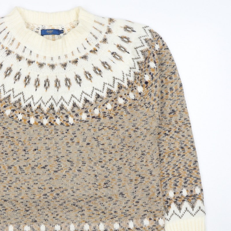 Cotton Traders Women Beige UK 14 Fair Isle Acrylic Knit Jumper