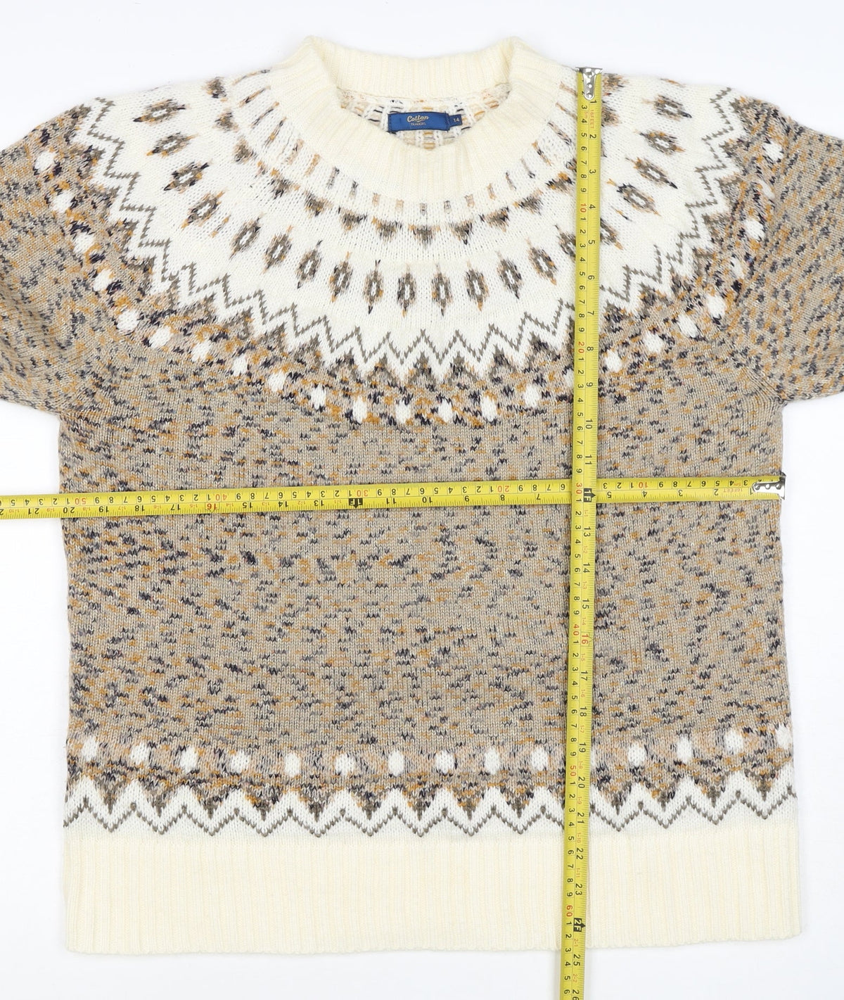 Cotton Traders Women Beige UK 14 Fair Isle Acrylic Knit Jumper