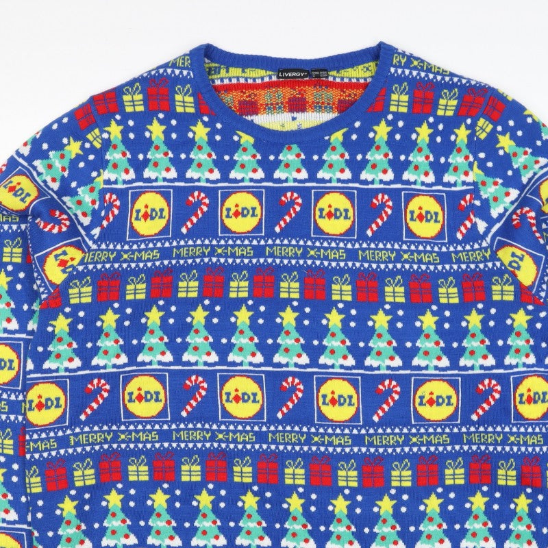 Livergy Men Blue L Lidl Christmas Graphic Knit Pullover Jumper