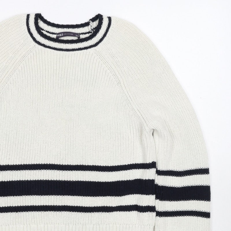 Marks and Spencer Women White Navy Stripe Chunky Knit Jumper Size S