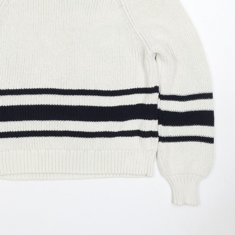 Marks and Spencer Women White Navy Stripe Chunky Knit Jumper Size S