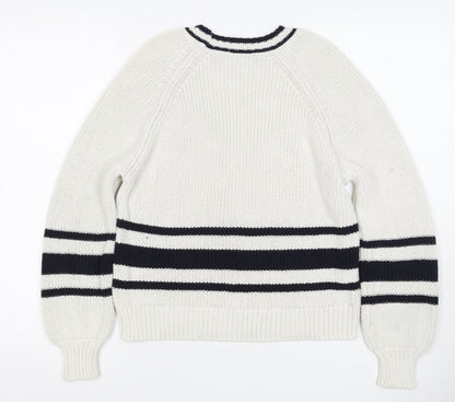 Marks and Spencer Women White Navy Stripe Chunky Knit Jumper Size S