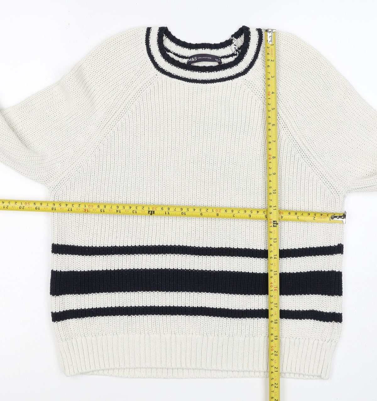 Marks and Spencer Women White Navy Stripe Chunky Knit Jumper Size S