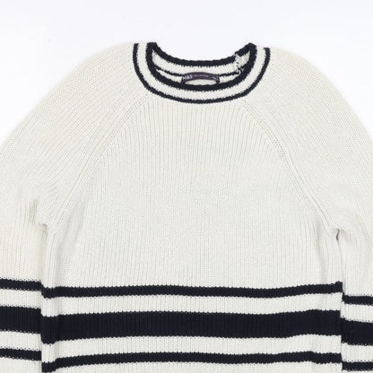 Marks and Spencer Women White Navy Stripe Chunky Knit Jumper Size S