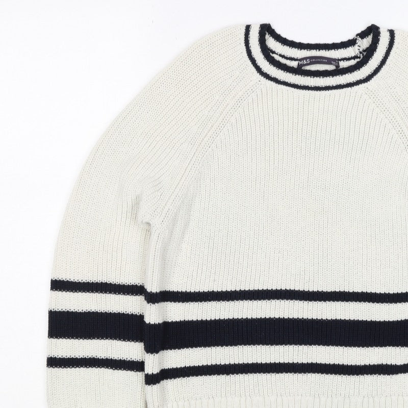 Marks and Spencer Women White Navy Stripe Chunky Knit Jumper Size S