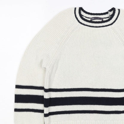 Marks and Spencer Women White Navy Stripe Chunky Knit Jumper Size S