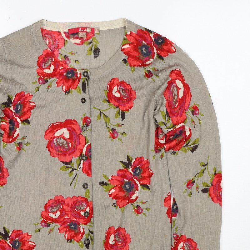 Boden Women Beige Red Floral Wool Cardigan UK 10 Long Sleeve Button Knit