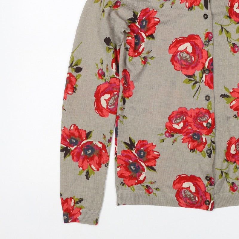 Boden Women Beige Red Floral Wool Cardigan UK 10 Long Sleeve Button Knit