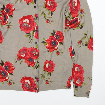 Boden Women Beige Red Floral Wool Cardigan UK 10 Long Sleeve Button Knit