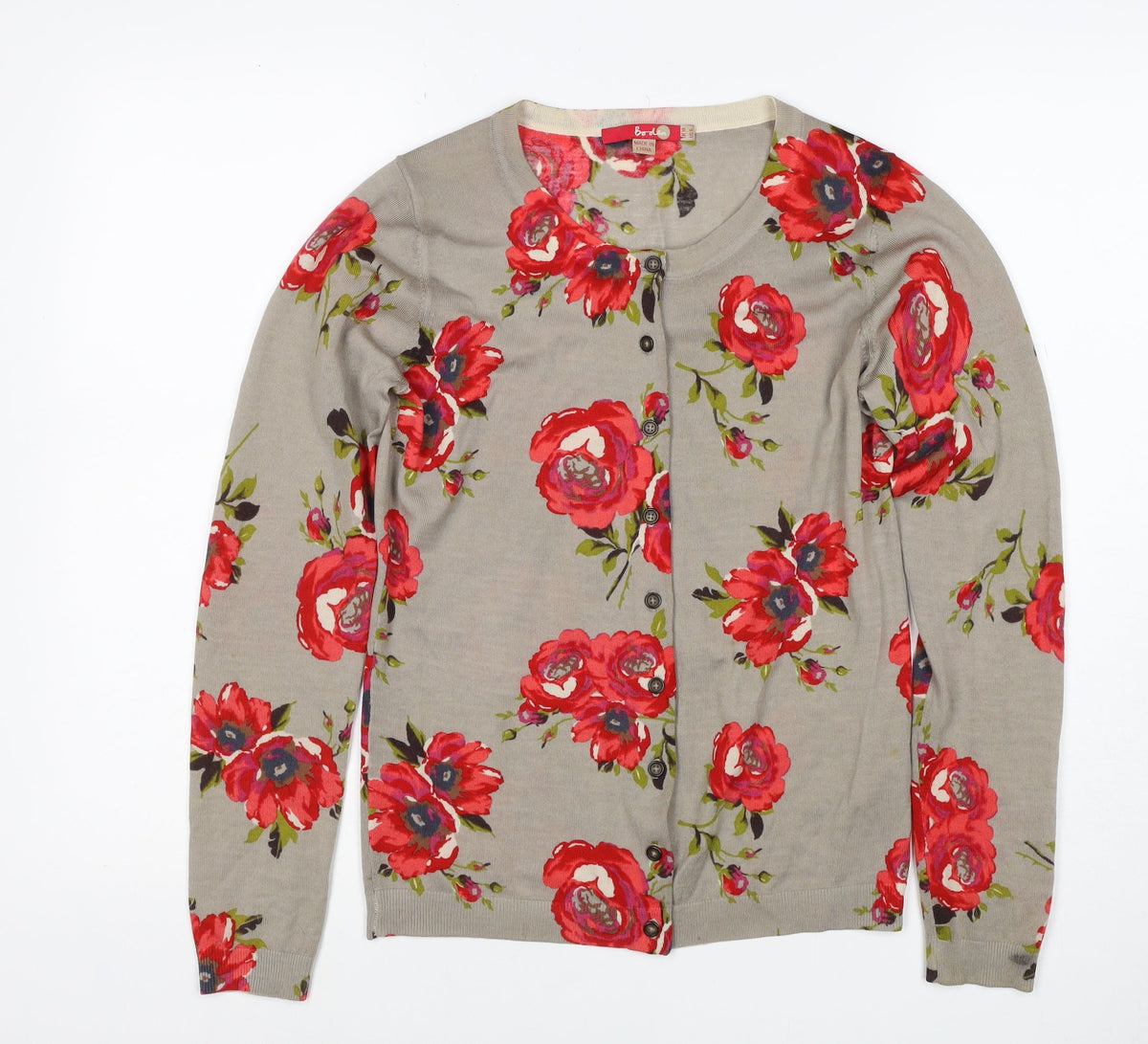 Boden Women Beige Red Floral Wool Cardigan UK 10 Long Sleeve Button Knit
