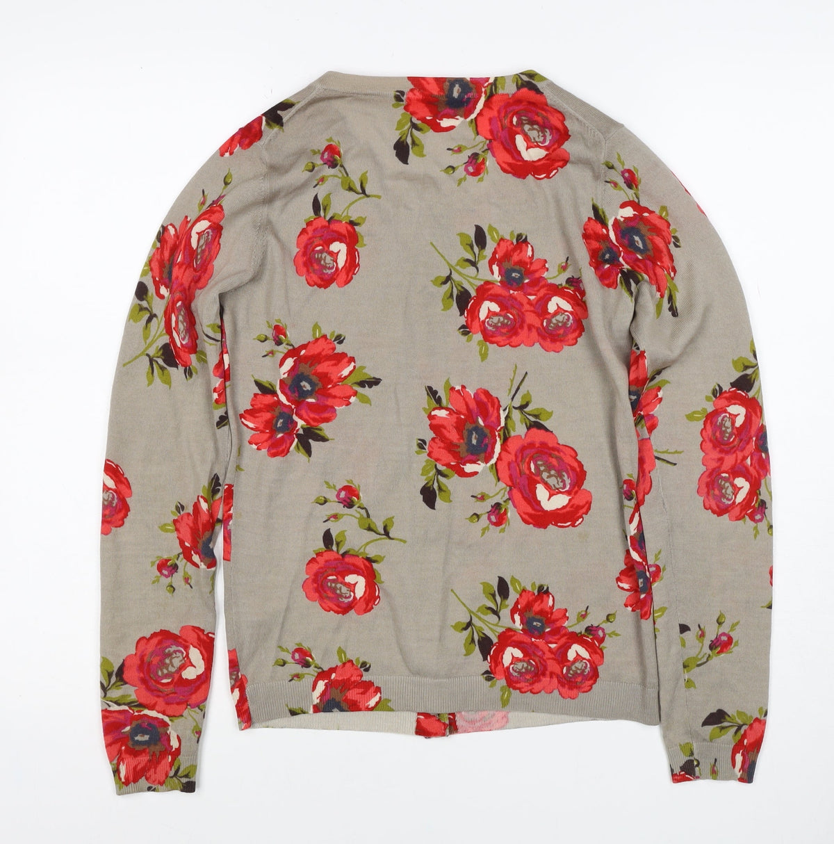 Boden Women Beige Red Floral Wool Cardigan UK 10 Long Sleeve Button Knit