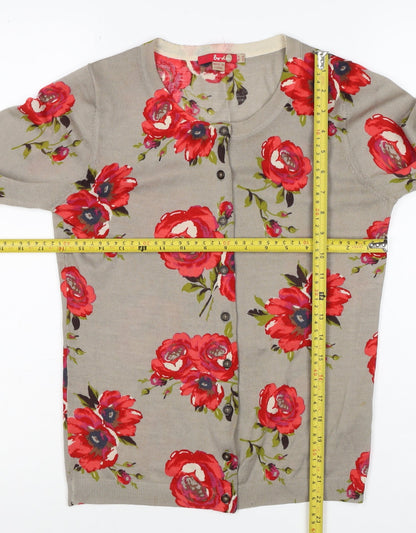 Boden Women Beige Red Floral Wool Cardigan UK 10 Long Sleeve Button Knit