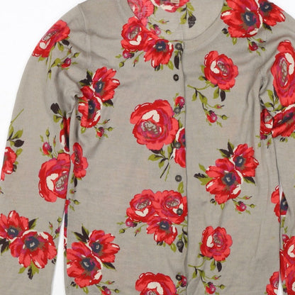 Boden Women Beige Red Floral Wool Cardigan UK 10 Long Sleeve Button Knit