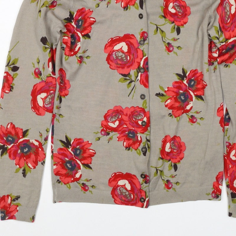 Boden Women Beige Red Floral Wool Cardigan UK 10 Long Sleeve Button Knit