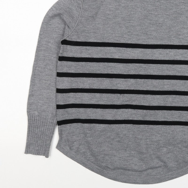 French Connection Women Grey Black Striped Roll Neck Jumper L Cashmere