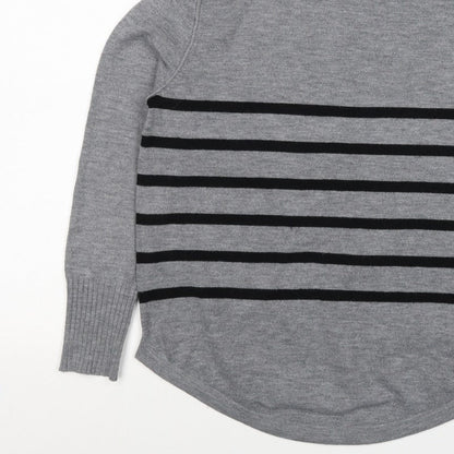 French Connection Women Grey Black Striped Roll Neck Jumper L Cashmere