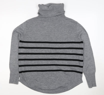 French Connection Women Grey Black Striped Roll Neck Jumper L Cashmere