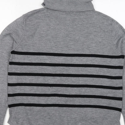 French Connection Women Grey Black Striped Roll Neck Jumper L Cashmere