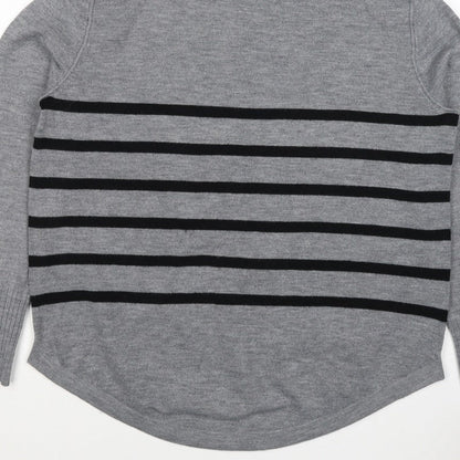 French Connection Women Grey Black Striped Roll Neck Jumper L Cashmere