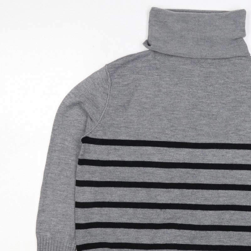 French Connection Women Grey Black Striped Roll Neck Jumper L Cashmere