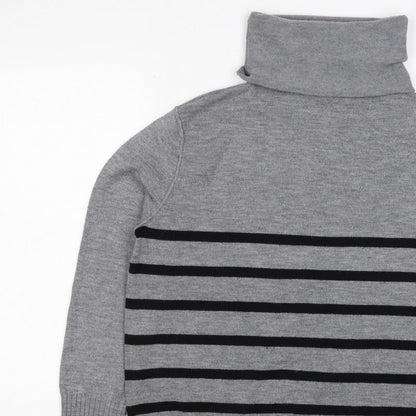 French Connection Women Grey Black Striped Roll Neck Jumper L Cashmere