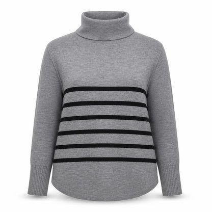 French Connection Women Grey Black Striped Roll Neck Jumper L Cashmere