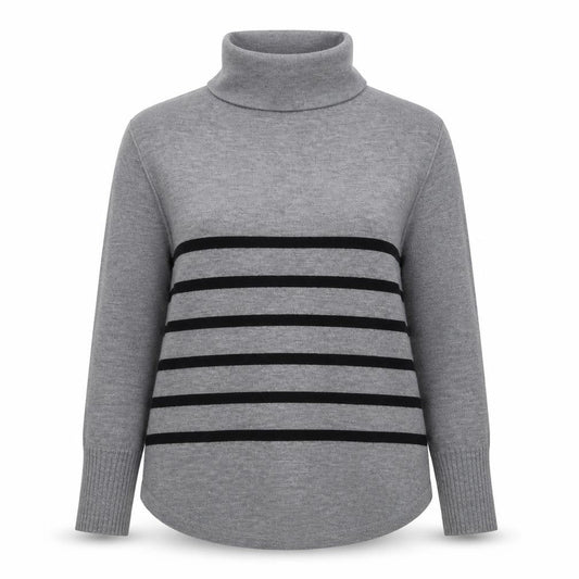 French Connection Women Grey Black Striped Roll Neck Jumper L Cashmere