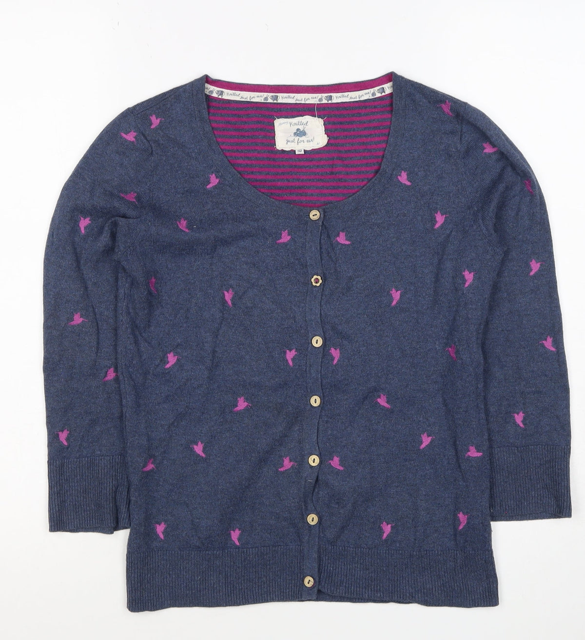 Mantaray Women's Blue Pink Bird Embroidered Button Cardigan Size 10