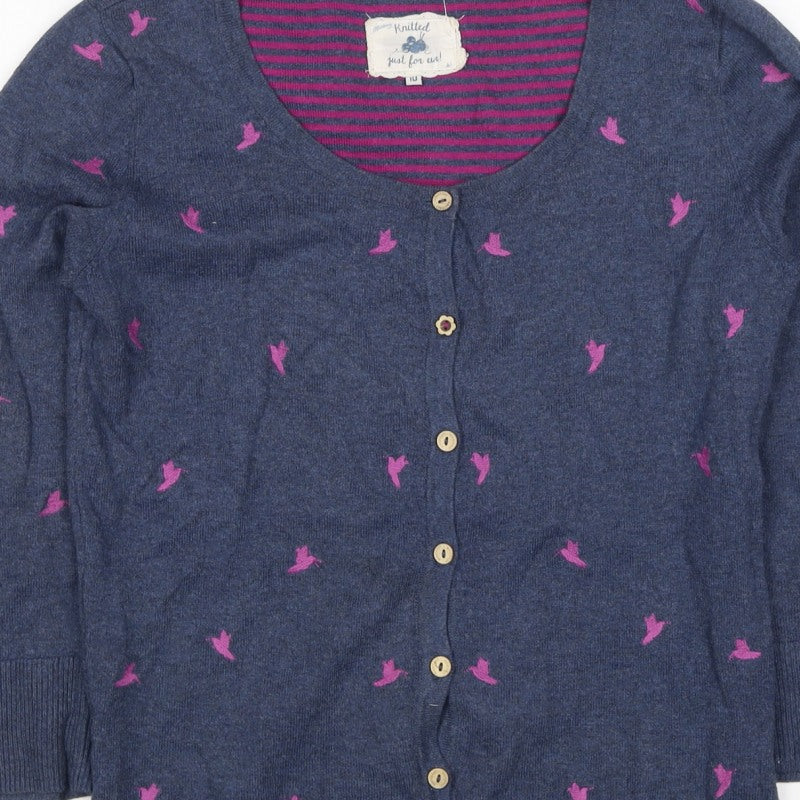 Mantaray Women's Blue Pink Bird Embroidered Button Cardigan Size 10