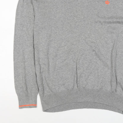 Next Men Grey XL V-Neck Cotton Knit Pullover Jumper Contrast Trim Logo