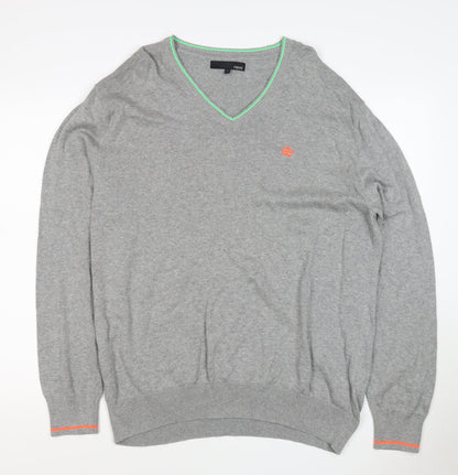 Next Men Grey XL V-Neck Cotton Knit Pullover Jumper Contrast Trim Logo
