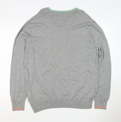 Next Men Grey XL V-Neck Cotton Knit Pullover Jumper Contrast Trim Logo